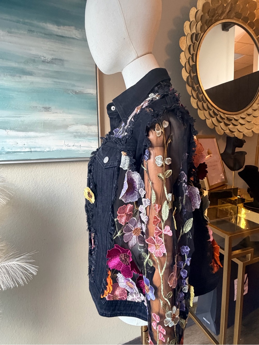 NWT Adore Large Black Floral Mesh Sleeve Denim Jacket Statement Piece NWT - Picture 3 of 13